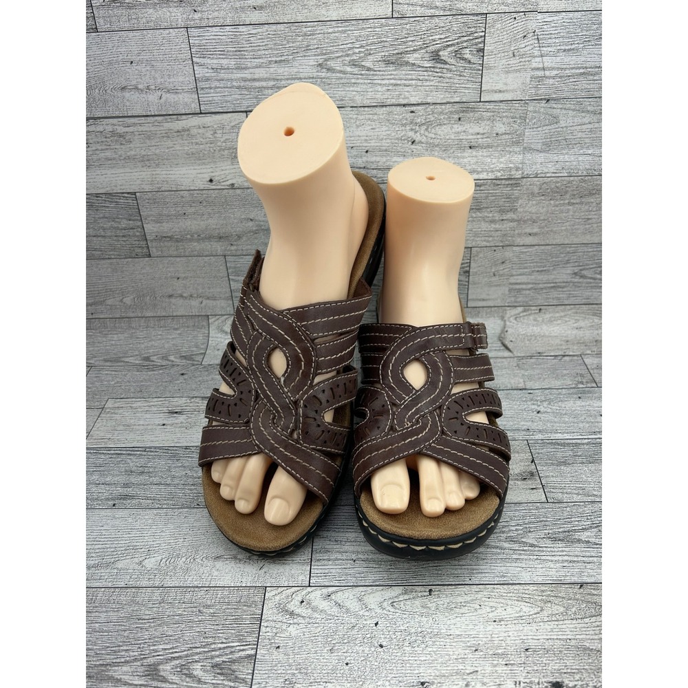 Clarks Bendables Brown Leather Slide‎ Sandals Wedge Heel Laser Cut Women Sz 9M